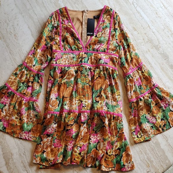 Nasty Gal Floral V Neck Pleated Mini Dress - Picture 1 of 7